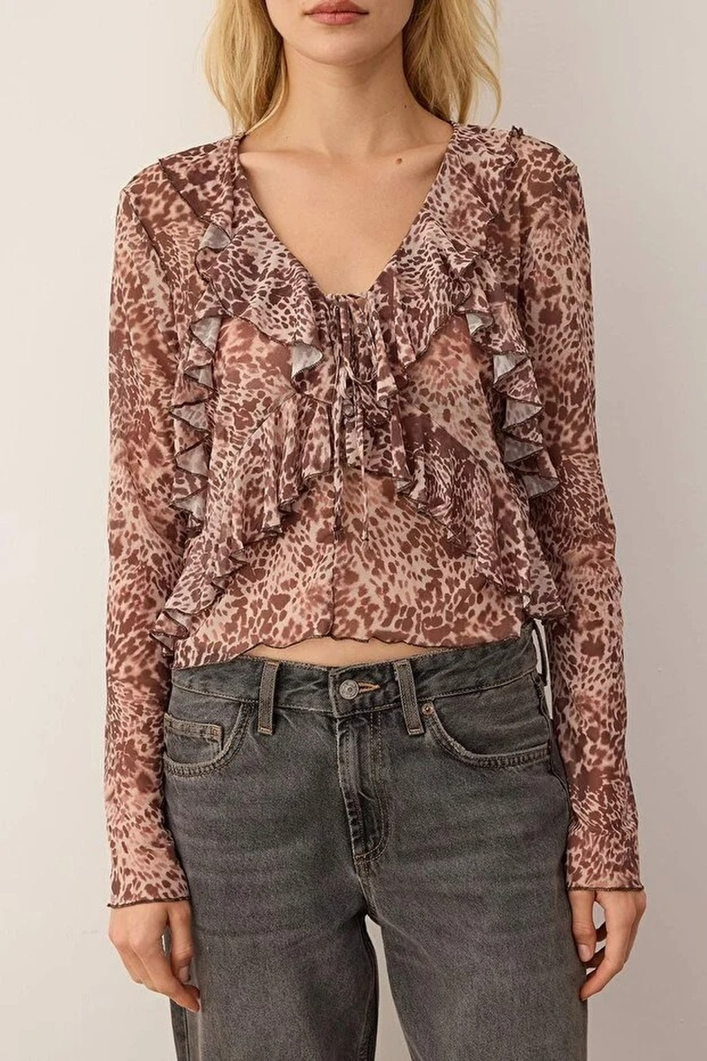 Animal Print Tulle Knit Blouse with Ruffled Tie Detail