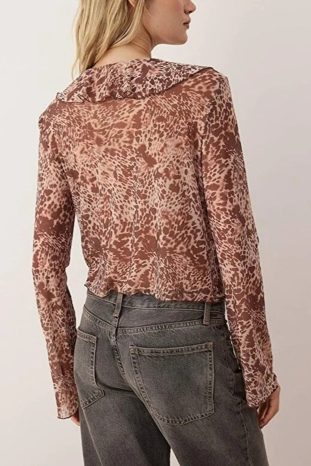 Animal Print Tulle Knit Blouse with Ruffled Tie Detail