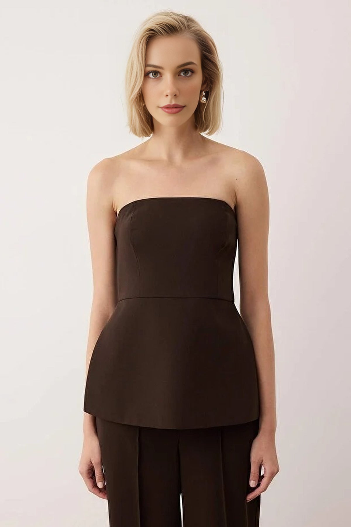 Strapless Flowy Woven Blouse with Lining and Tie