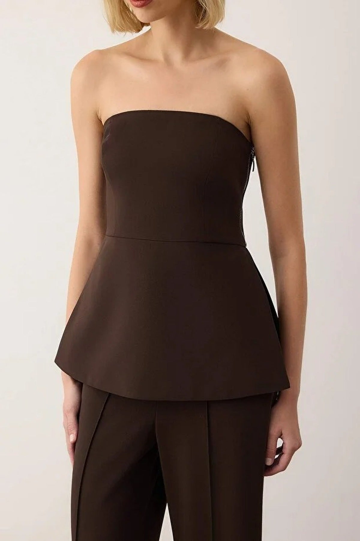 Strapless Flowy Woven Blouse with Lining and Tie