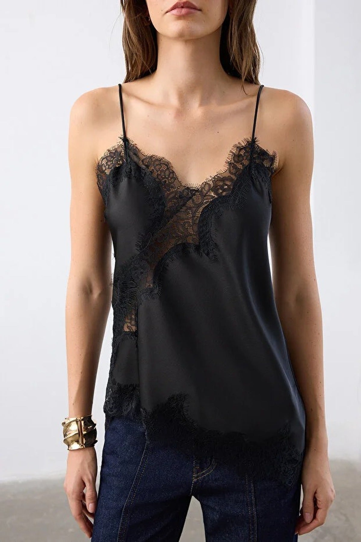 Asymmetrical Cut Satin Blouse with Lace Detail