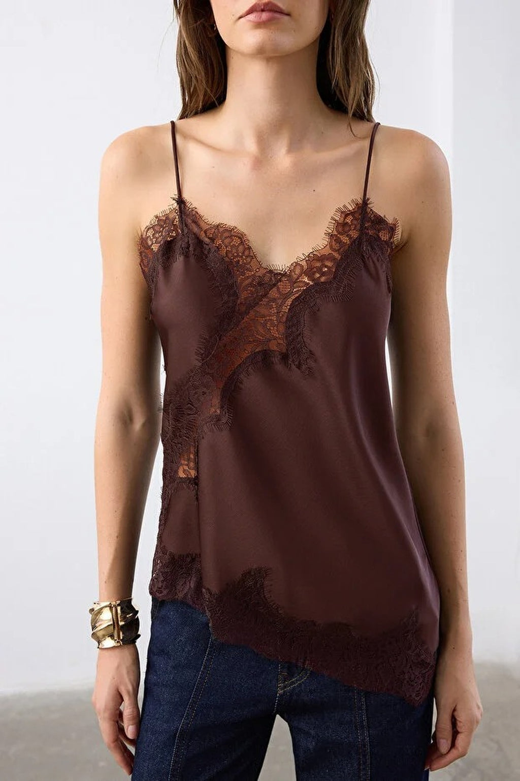 Asymmetrical Cut Satin Blouse with Lace Detail