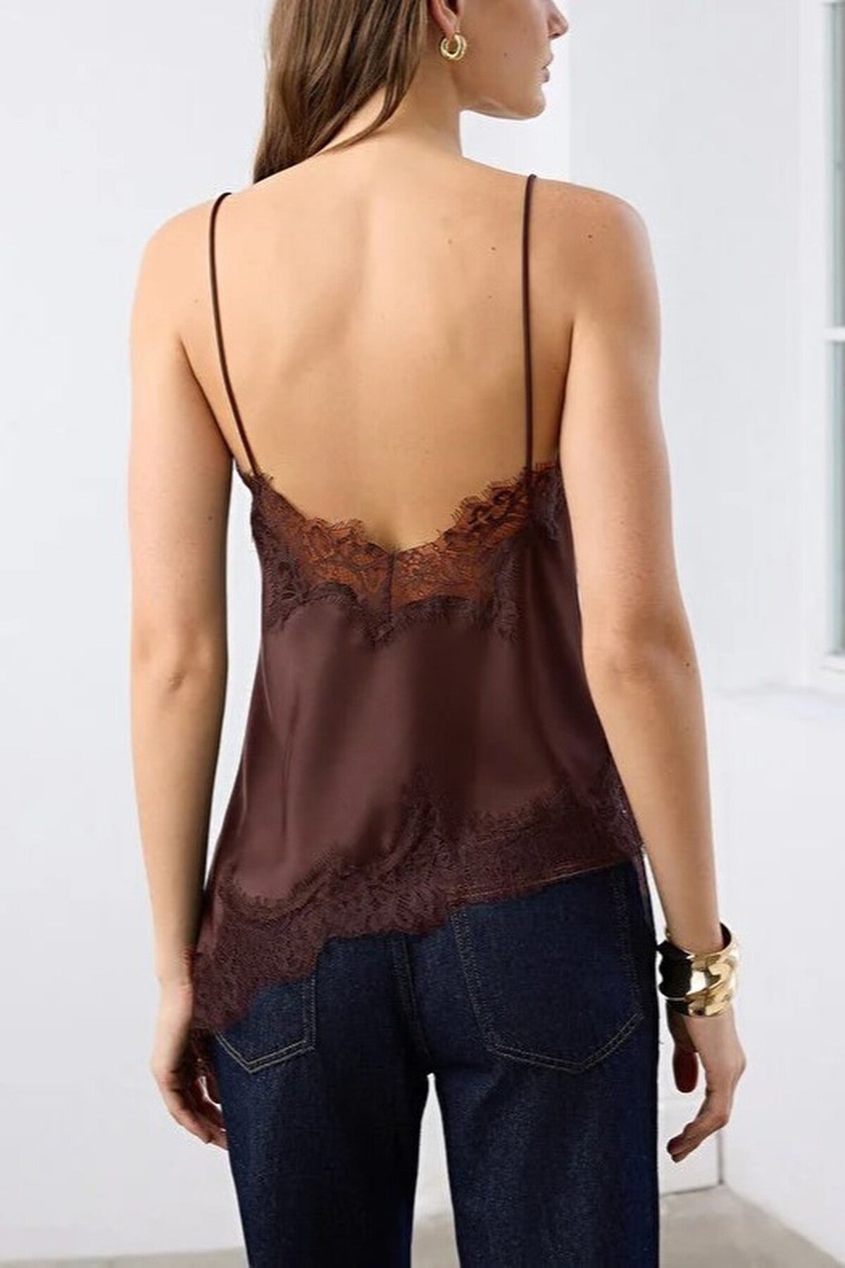 Asymmetrical Cut Satin Blouse with Lace Detail