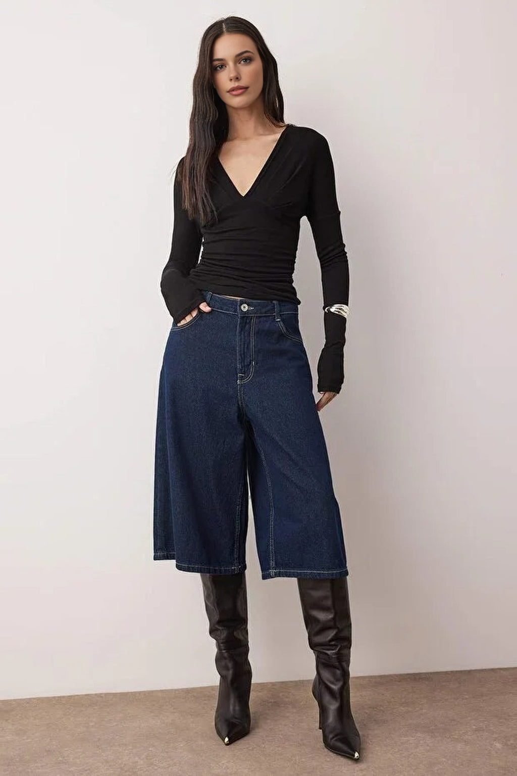 V-Neck Flowy Regular Knit Blouse with Back Detail