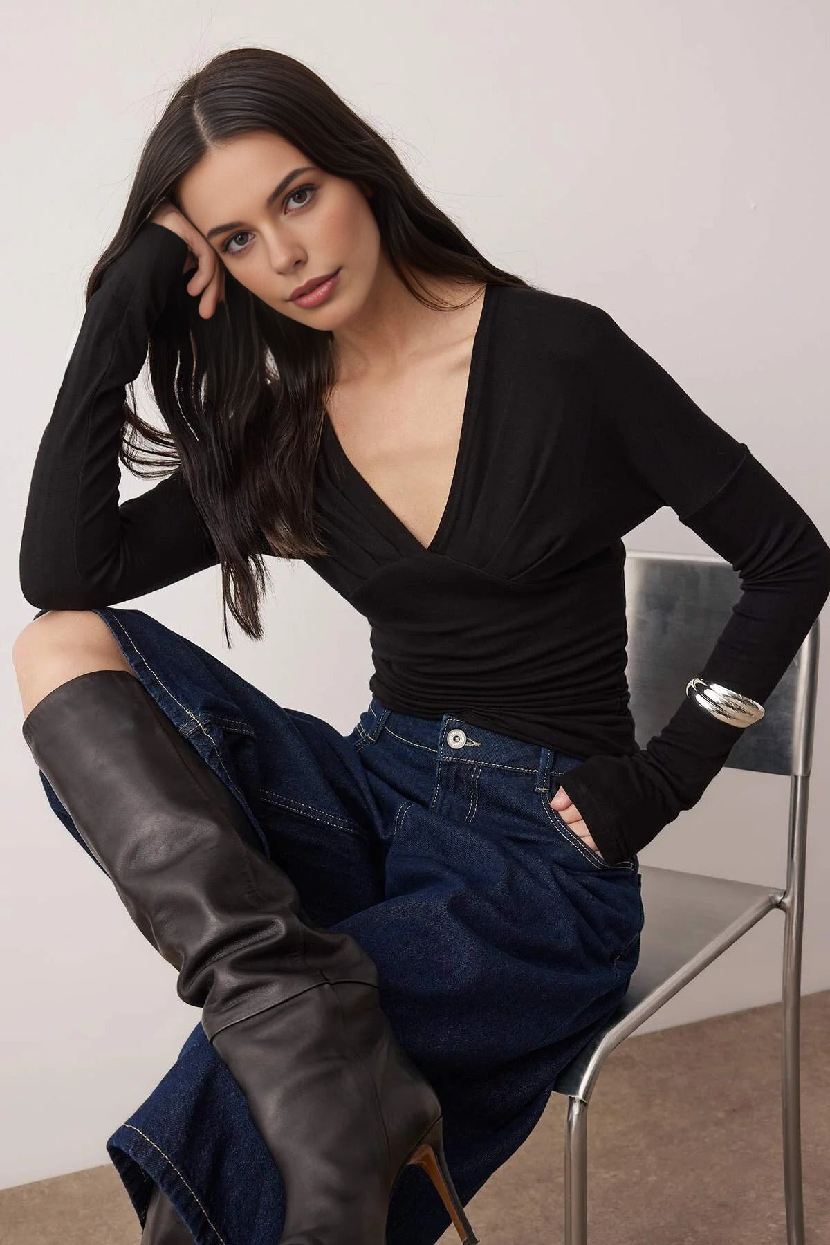 V-Neck Flowy Regular Knit Blouse with Back Detail