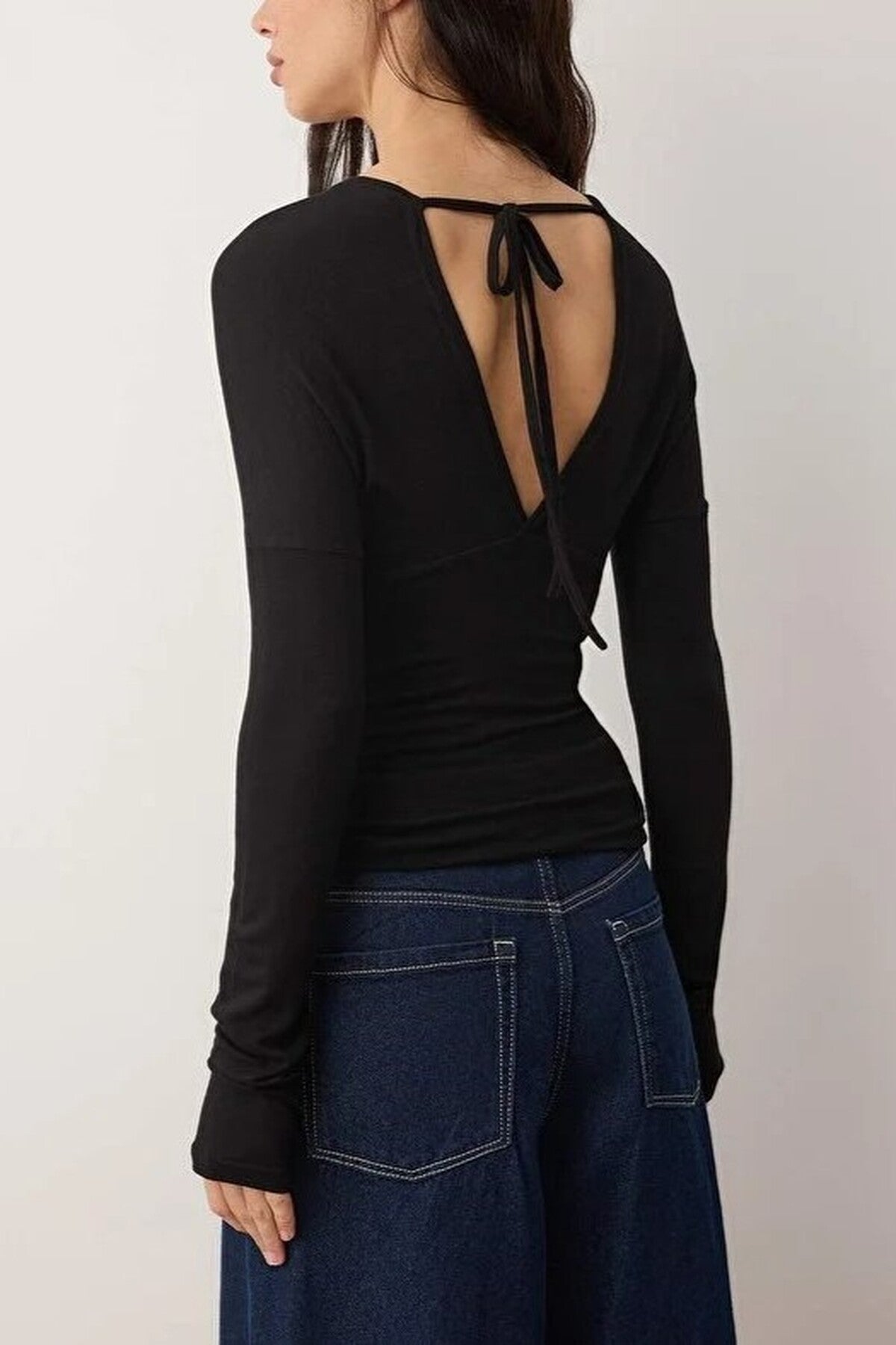 V-Neck Flowy Regular Knit Blouse with Back Detail