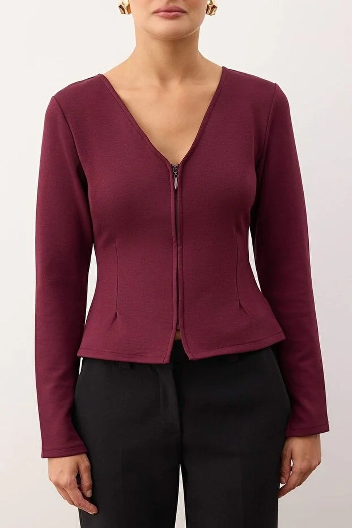 V-Neck Zippered Regular Knit Blouse
