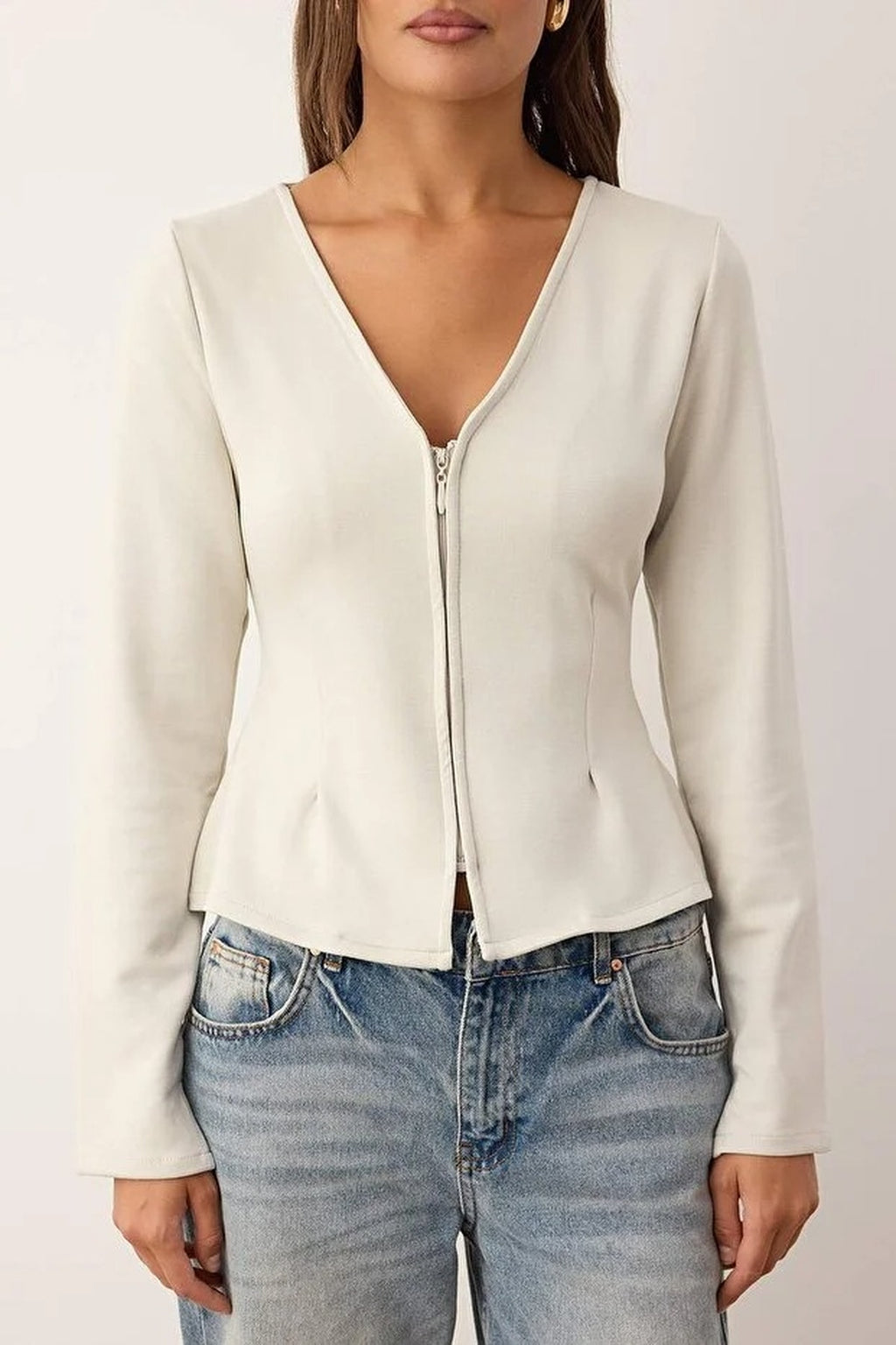 V-Neck Zippered Regular Knit Blouse