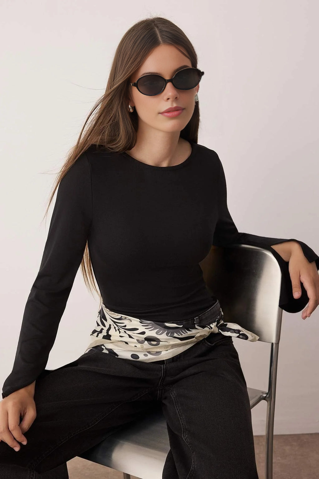 Fitted Boat Neck Soft Long Sleeve Flexible Knit Blouse