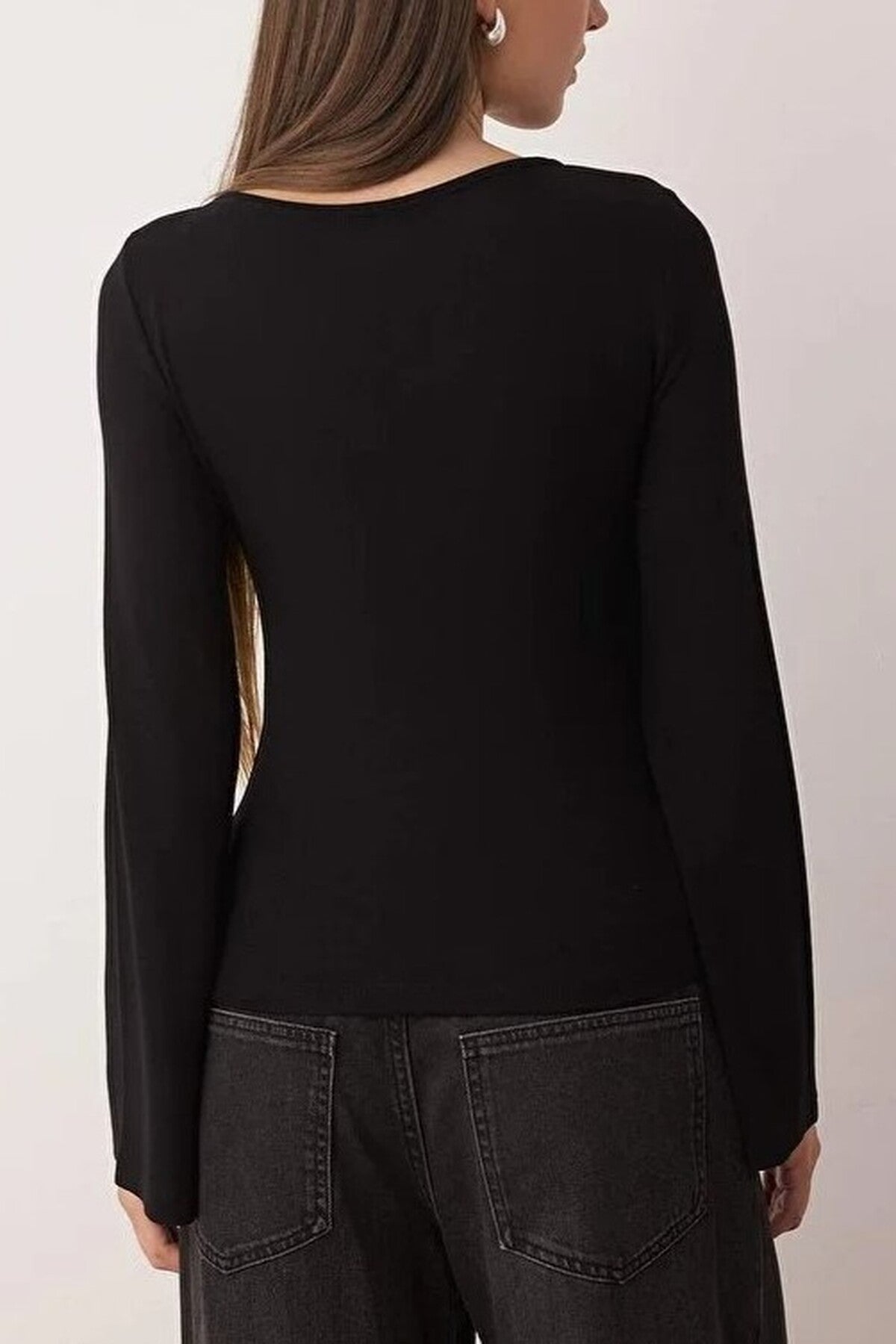 Fitted Boat Neck Soft Long Sleeve Flexible Knit Blouse