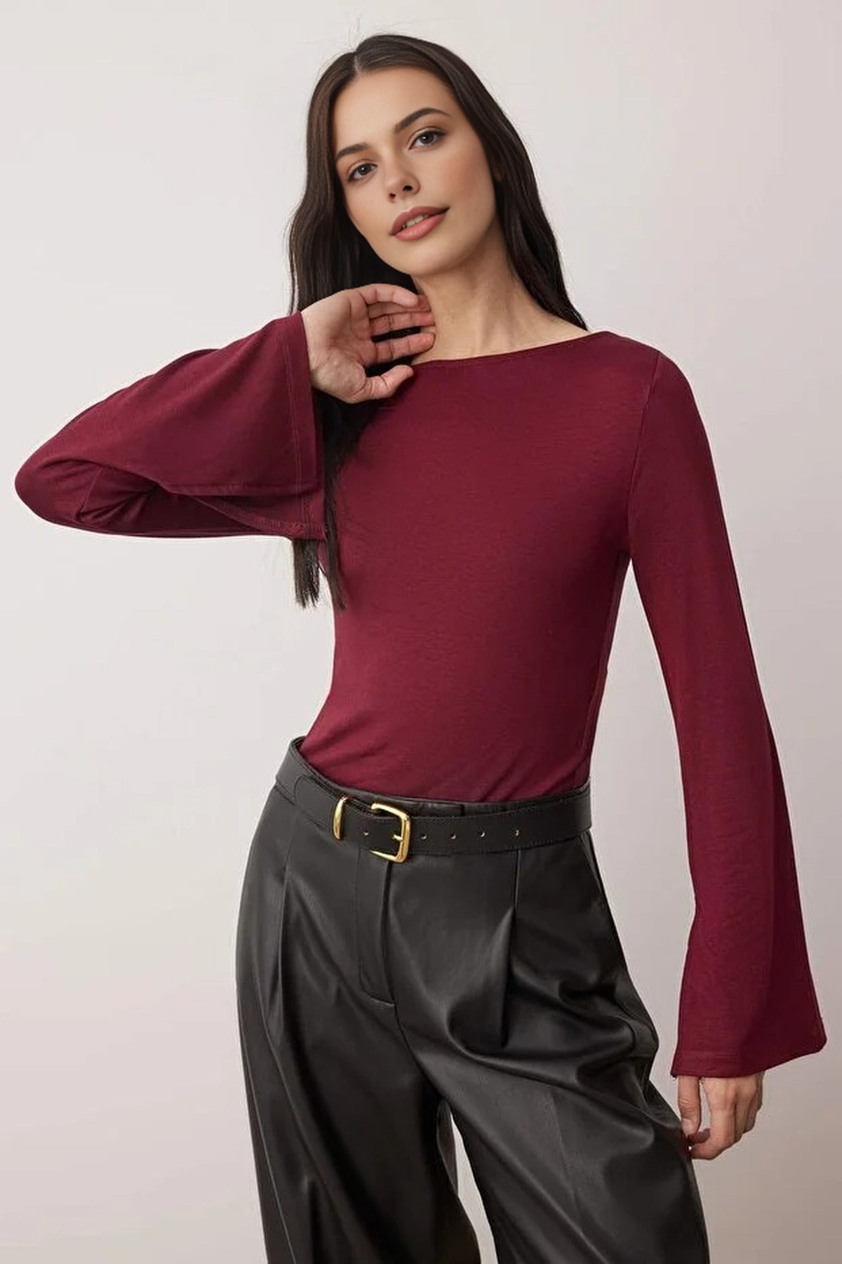 Fitted Boat Neck Soft Long Sleeve Flexible Knit Blouse