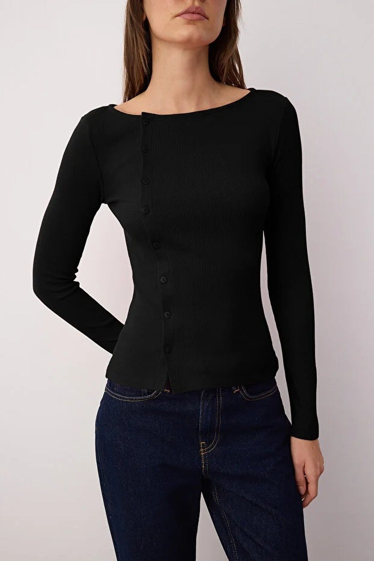 Buttoned Crew Neck Ribbed Flexible Knit Blouse