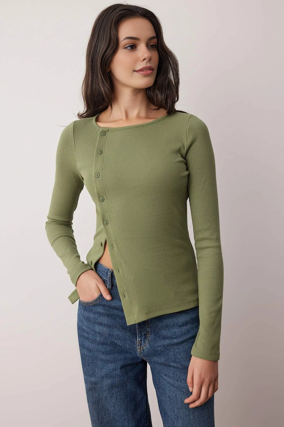 Buttoned Crew Neck Ribbed Flexible Knit Blouse