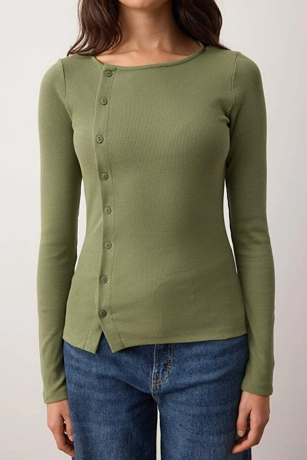Buttoned Crew Neck Ribbed Flexible Knit Blouse