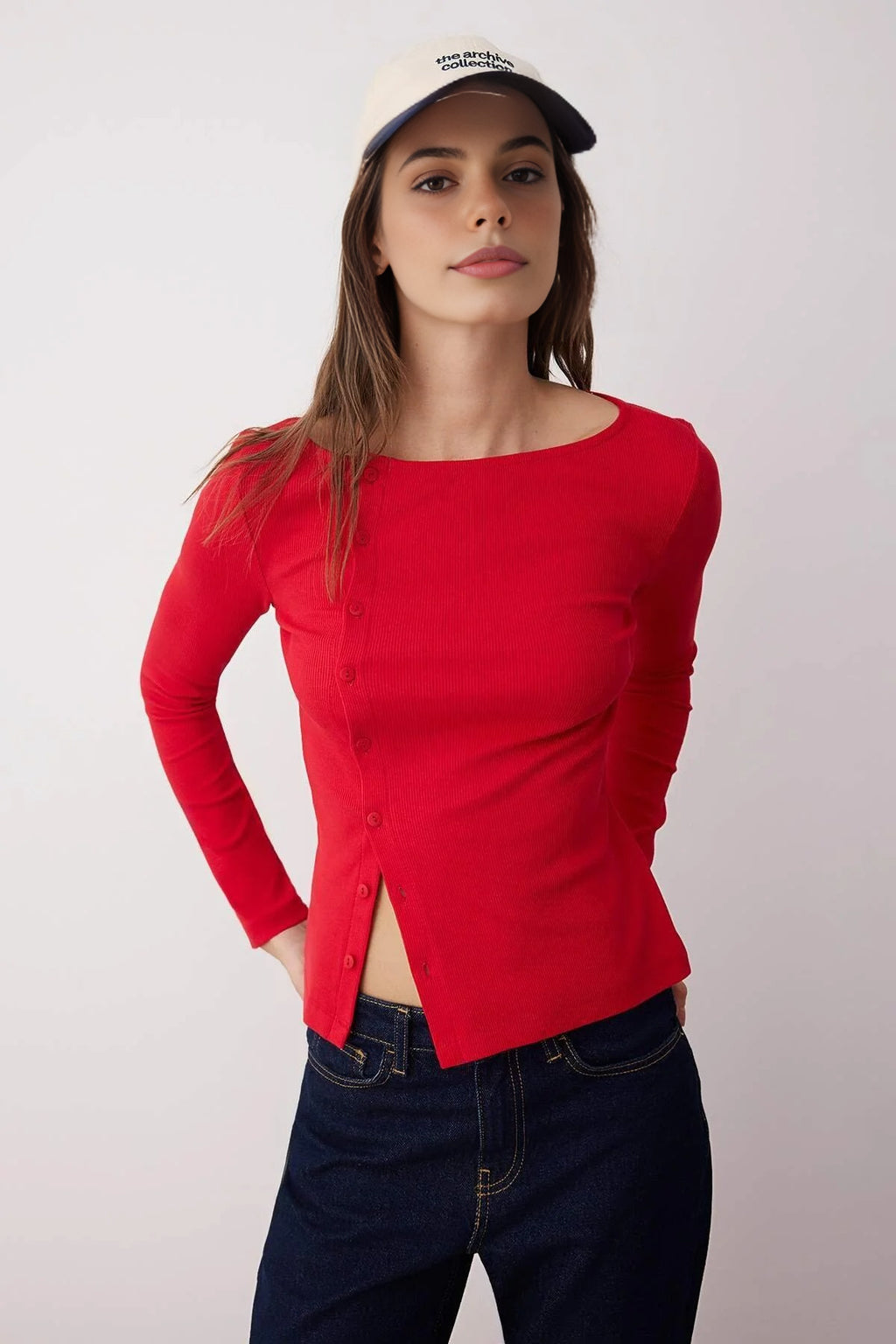 Buttoned Crew Neck Ribbed Flexible Knit Blouse