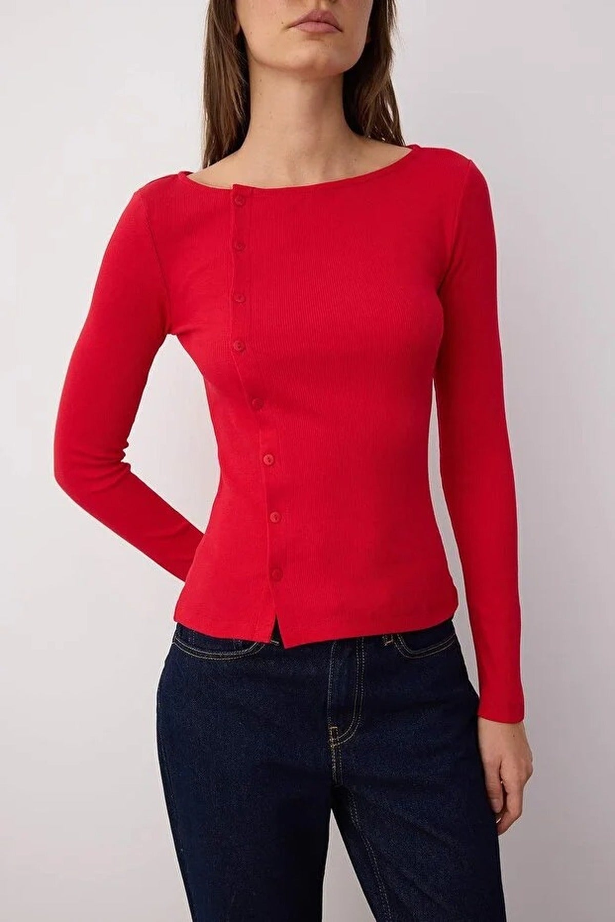 Buttoned Crew Neck Ribbed Flexible Knit Blouse