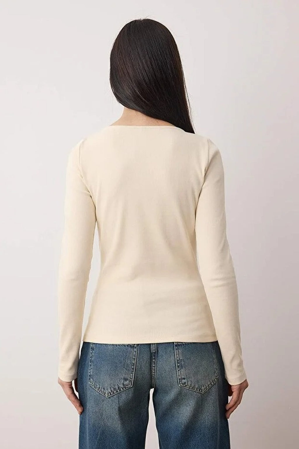 Buttoned Crew Neck Ribbed Flexible Knit Blouse