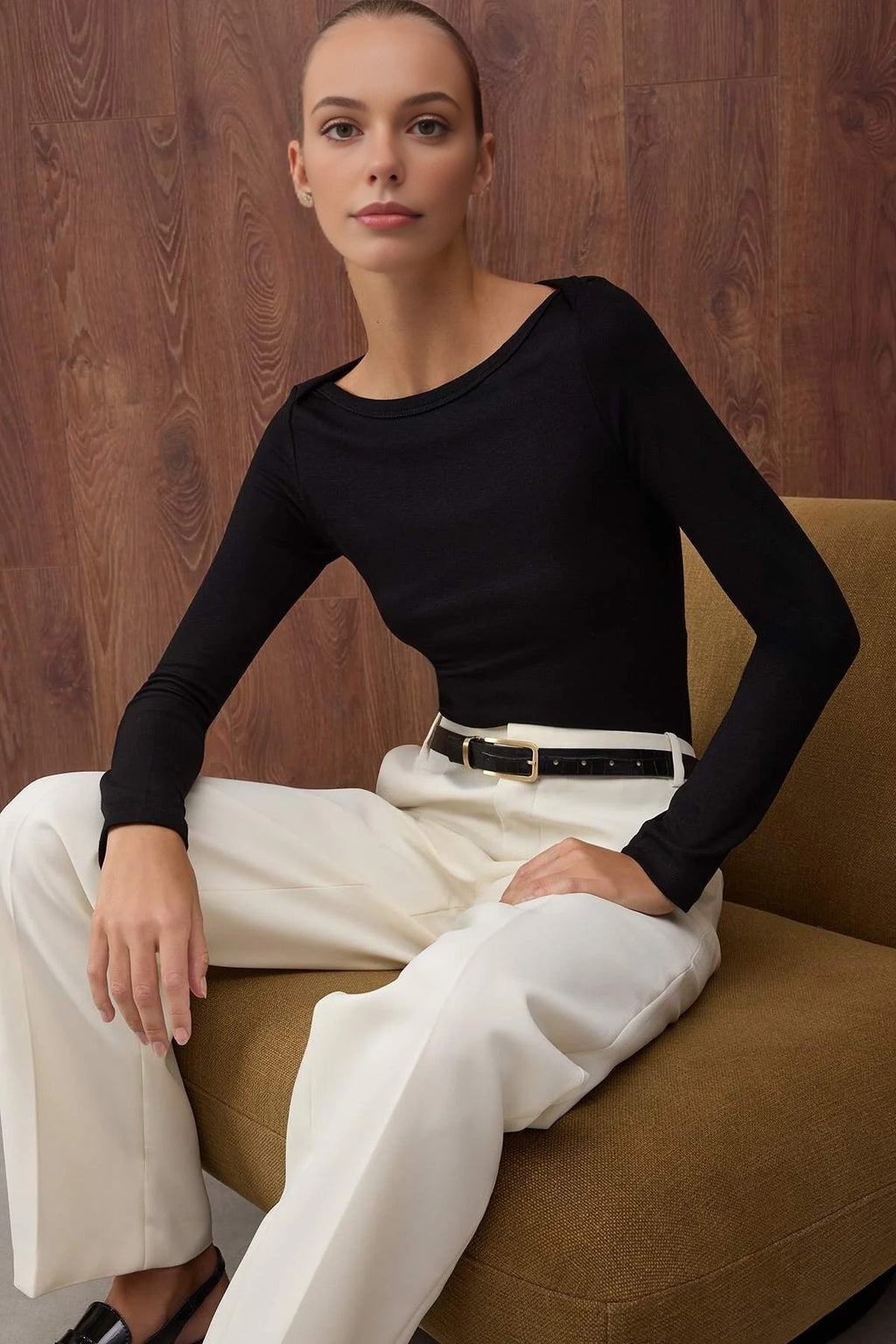 Boat Neck Stretchy Knit Blouse