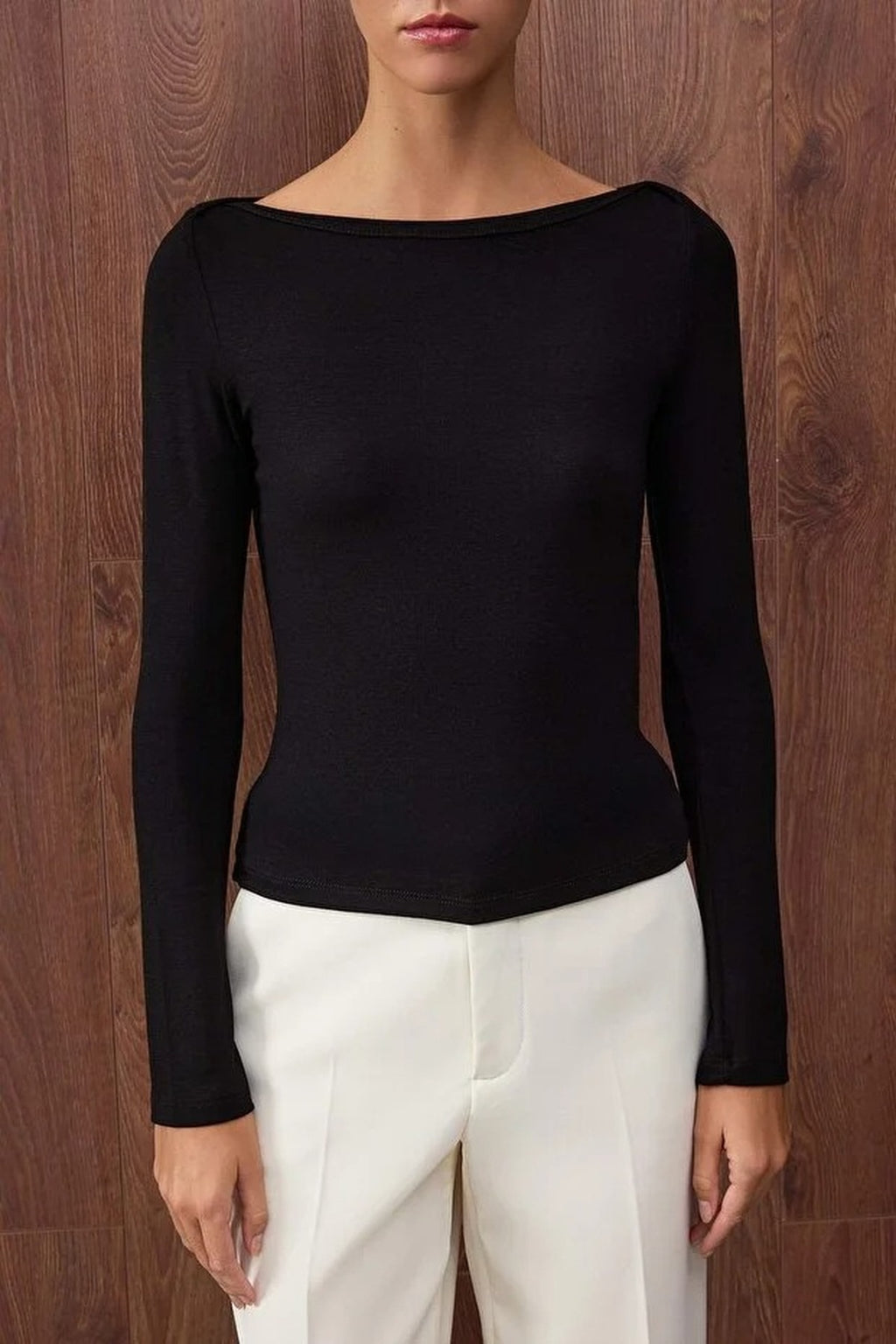 Boat Neck Stretchy Knit Blouse