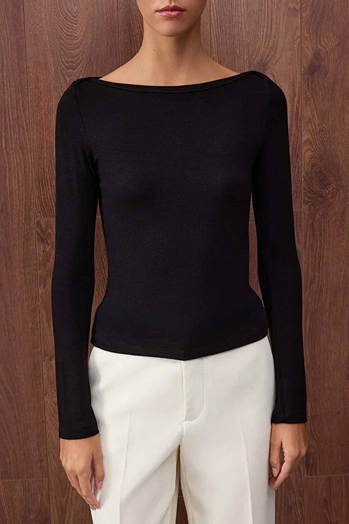 Boat Neck Stretchy Knit Blouse