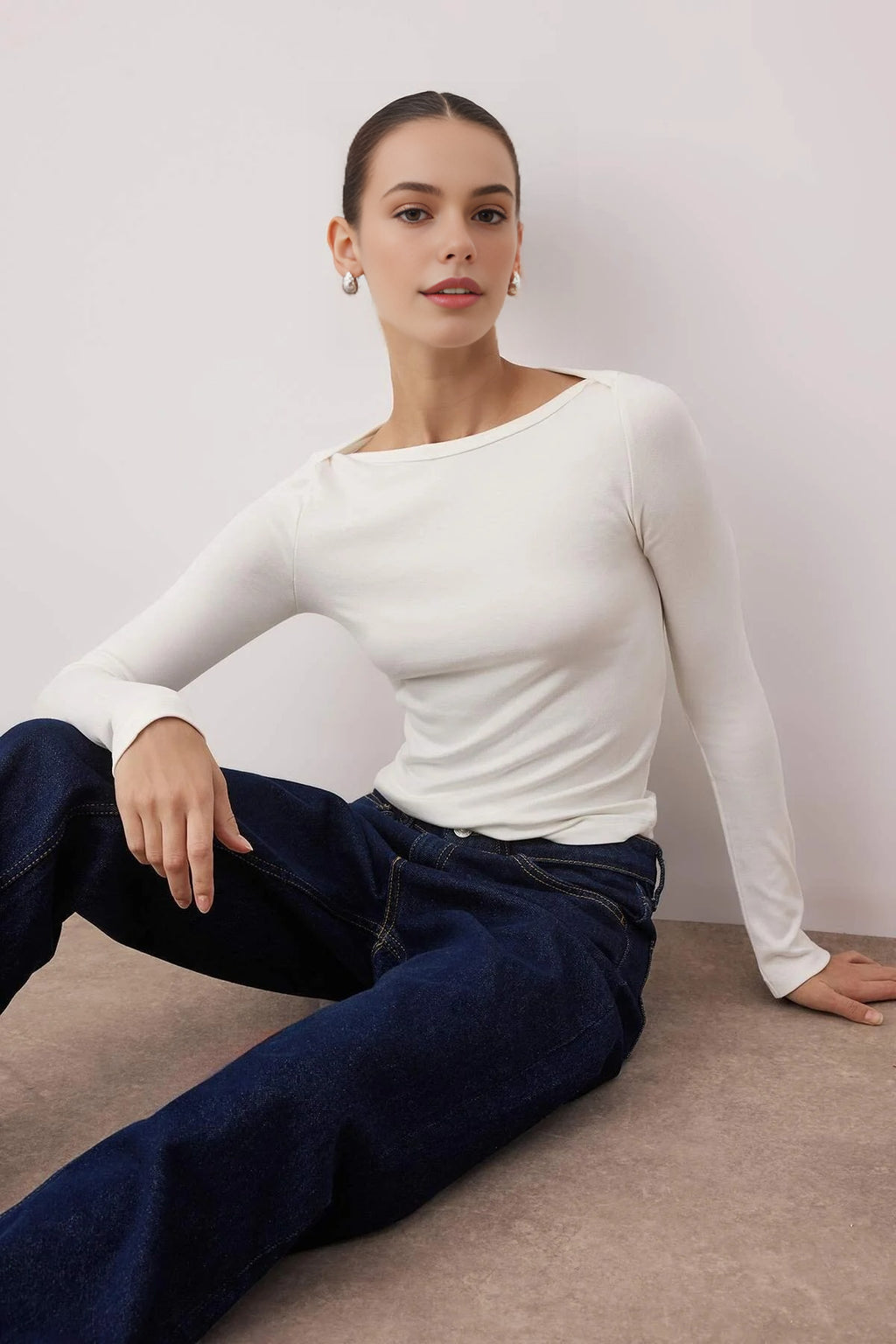 Boat Neck Stretchy Knit Blouse