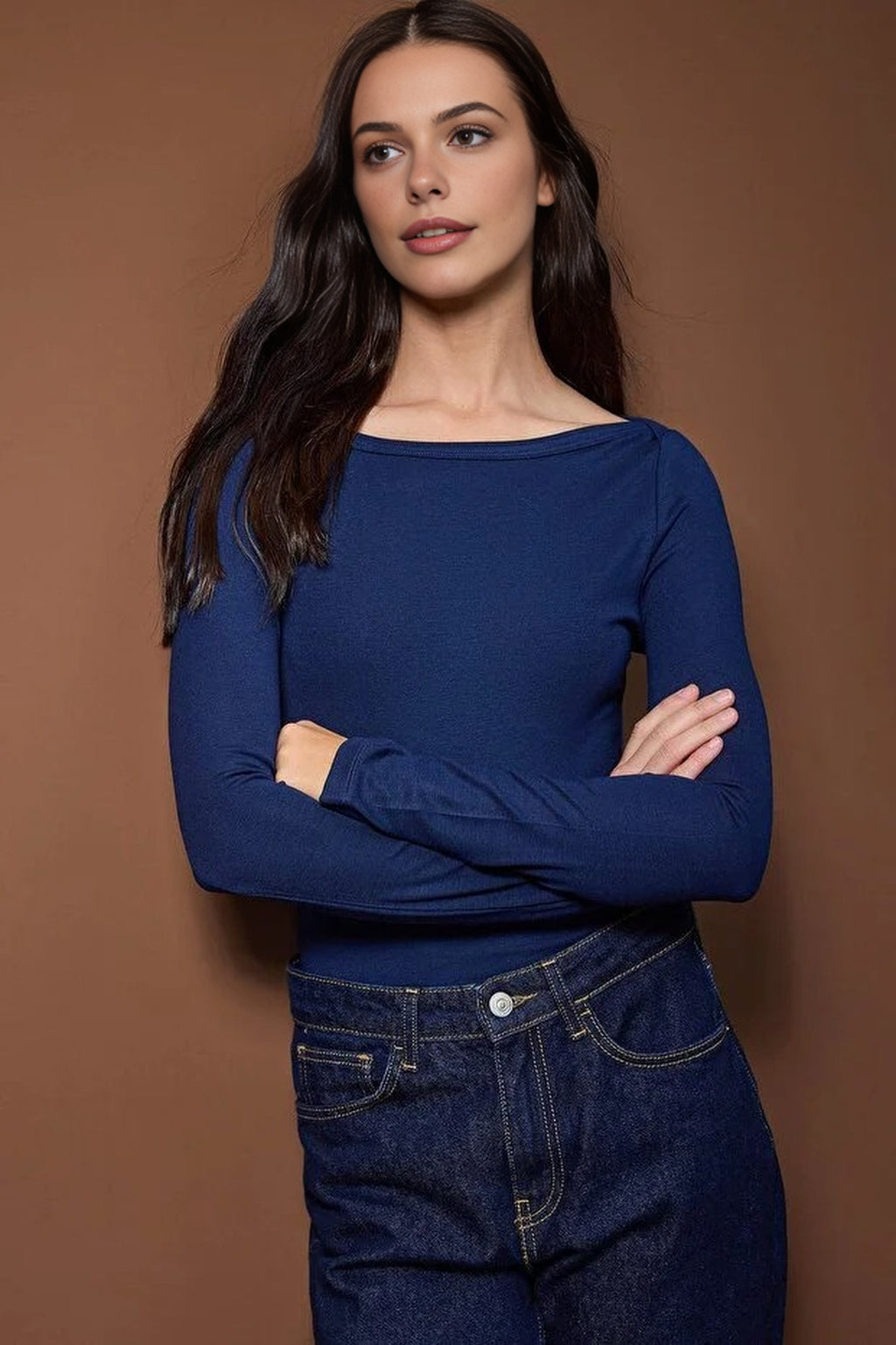 Boat Neck Stretchy Knit Blouse