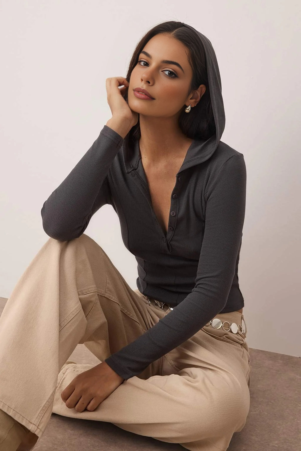 Ribbed Buttoned Knit Blouse with Hood