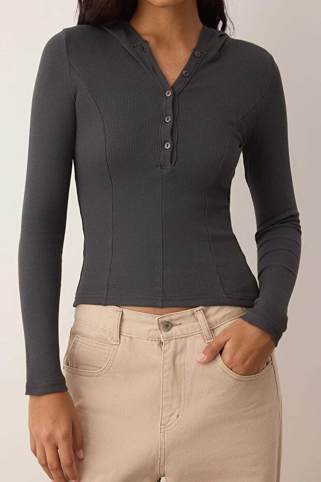 Ribbed Buttoned Knit Blouse with Hood