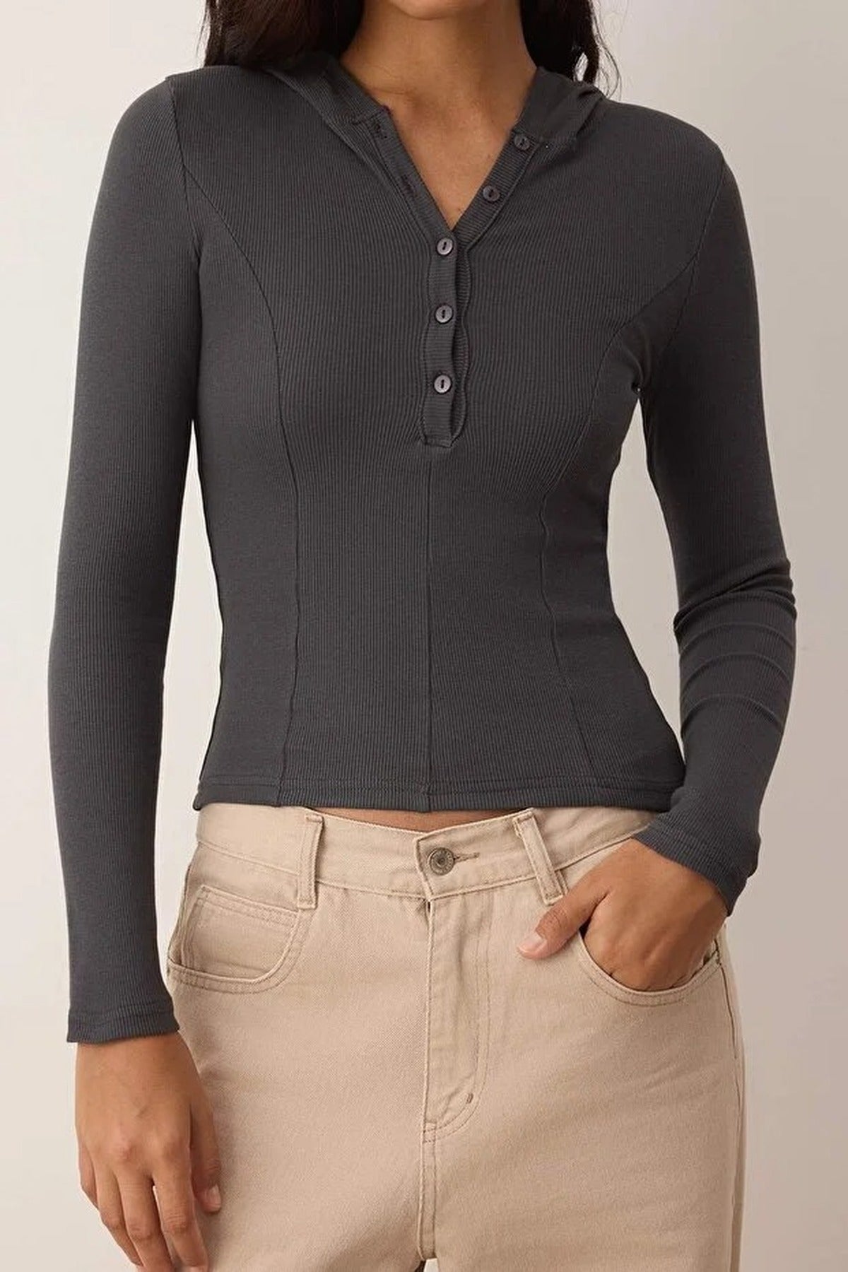 Ribbed Buttoned Knit Blouse with Hood