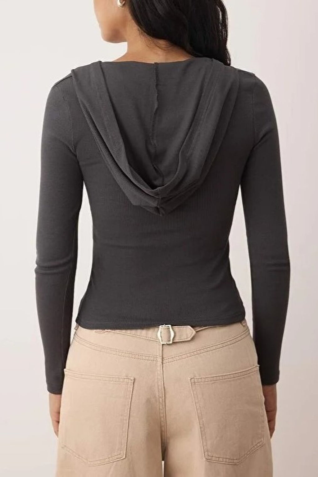 Ribbed Buttoned Knit Blouse with Hood