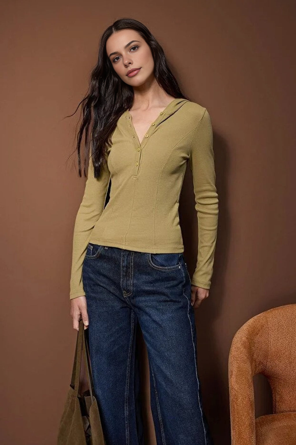 Ribbed Buttoned Knit Blouse with Hood