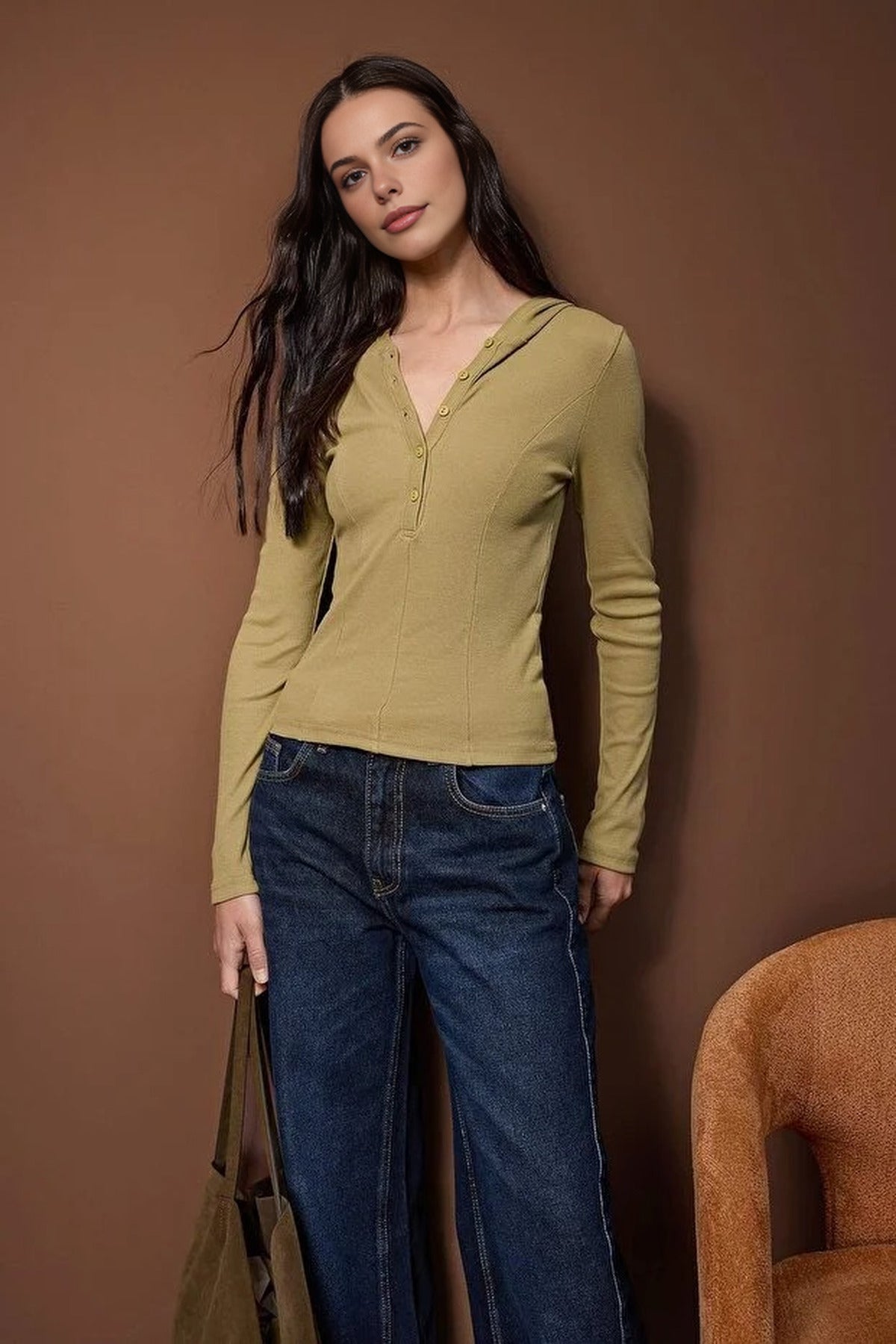 Ribbed Buttoned Knit Blouse with Hood