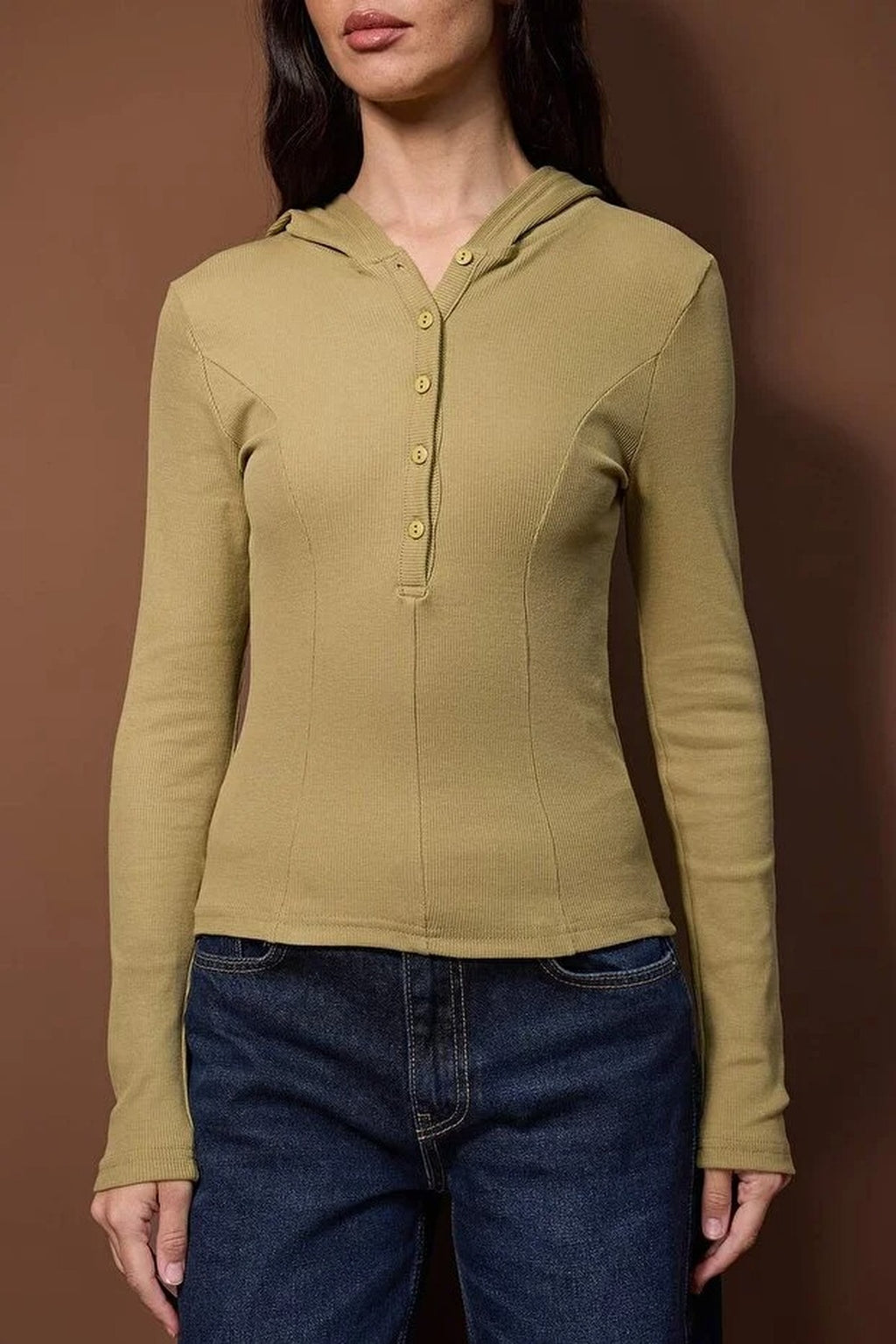 Ribbed Buttoned Knit Blouse with Hood