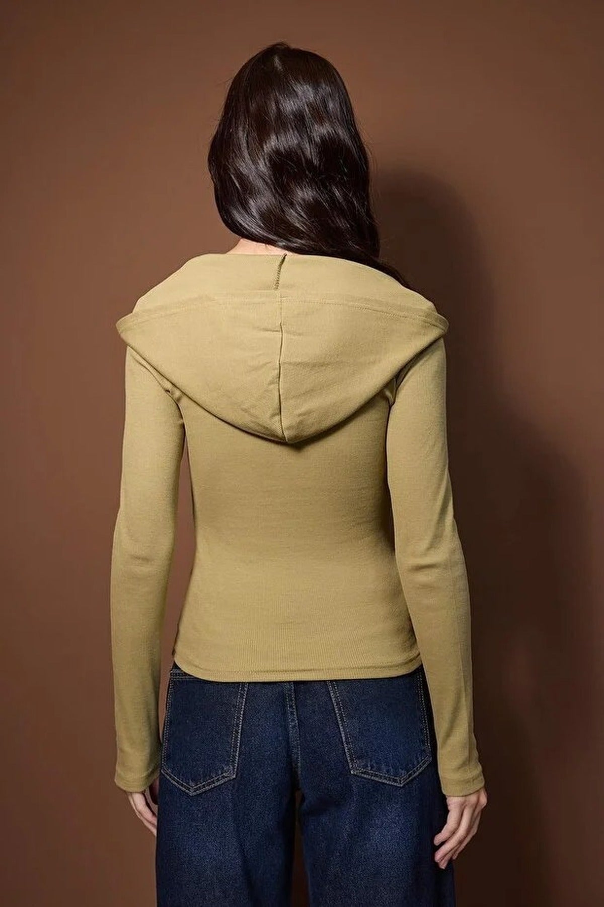 Ribbed Buttoned Knit Blouse with Hood