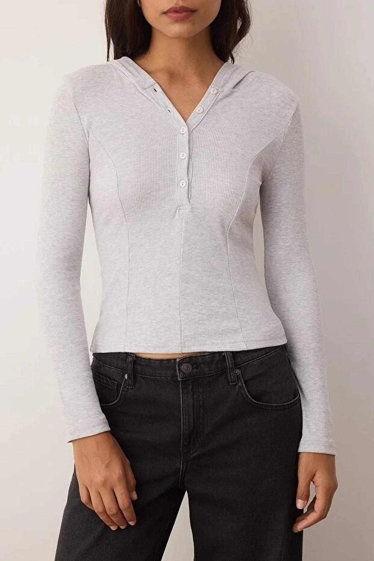 Ribbed Buttoned Knit Blouse with Hood