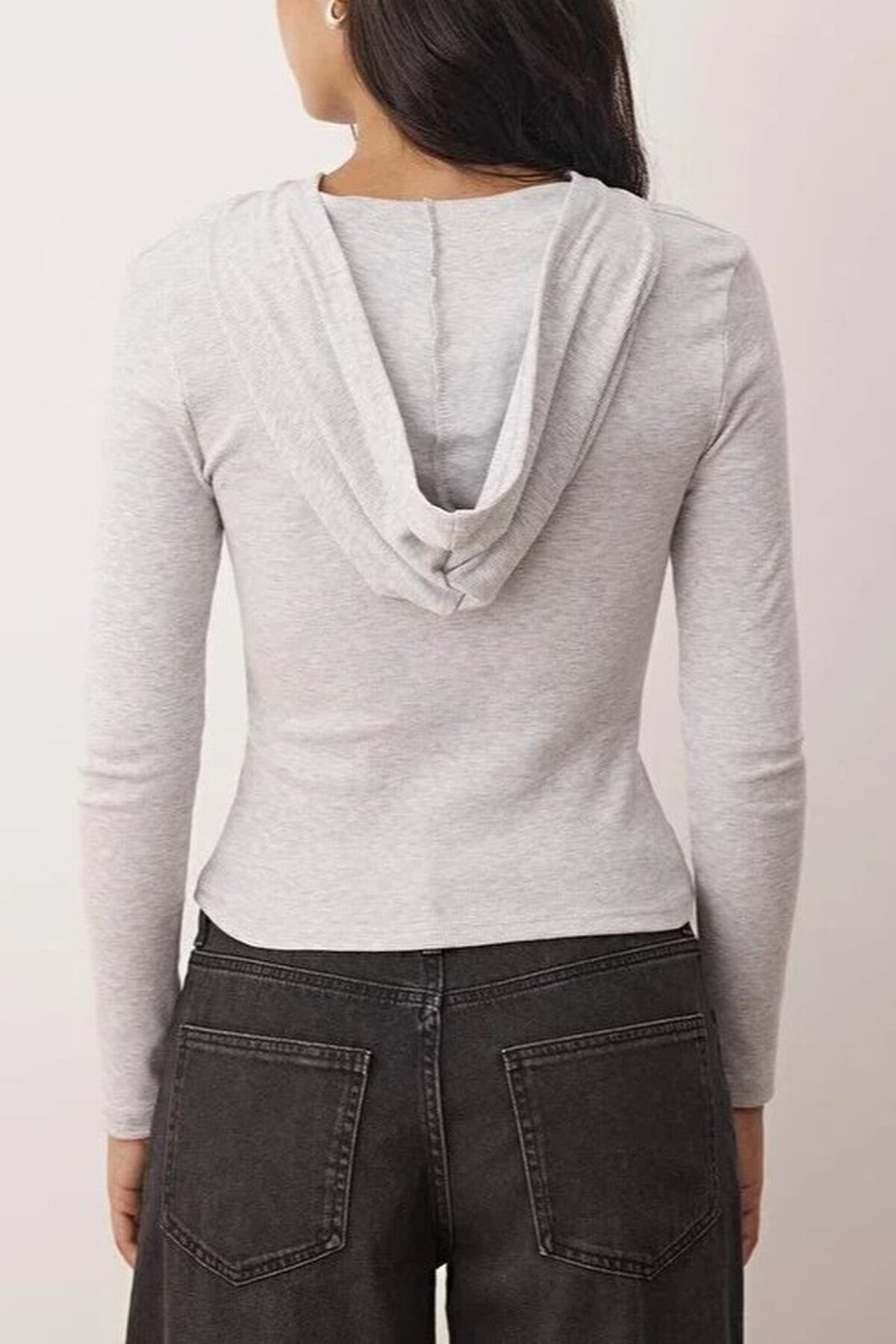 Ribbed Buttoned Knit Blouse with Hood