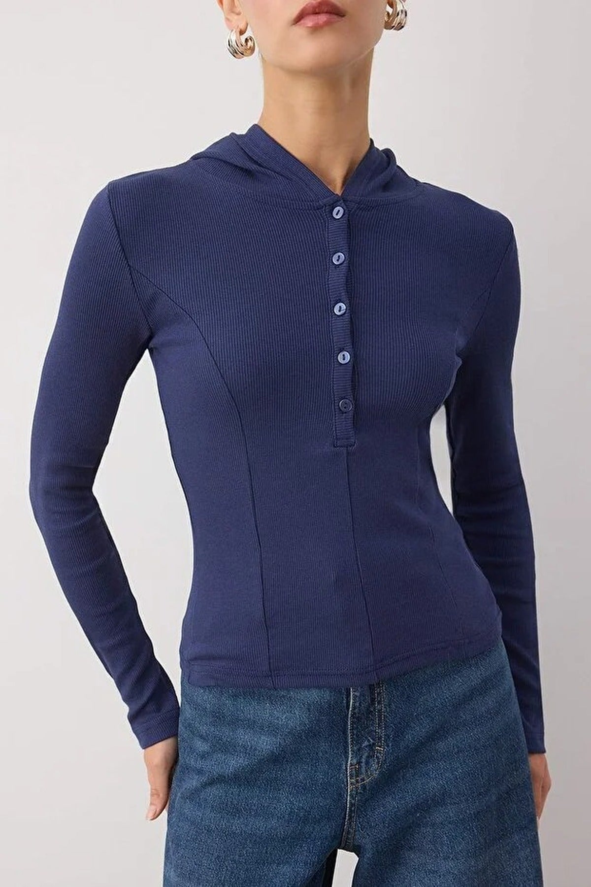 Ribbed Buttoned Knit Blouse with Hood