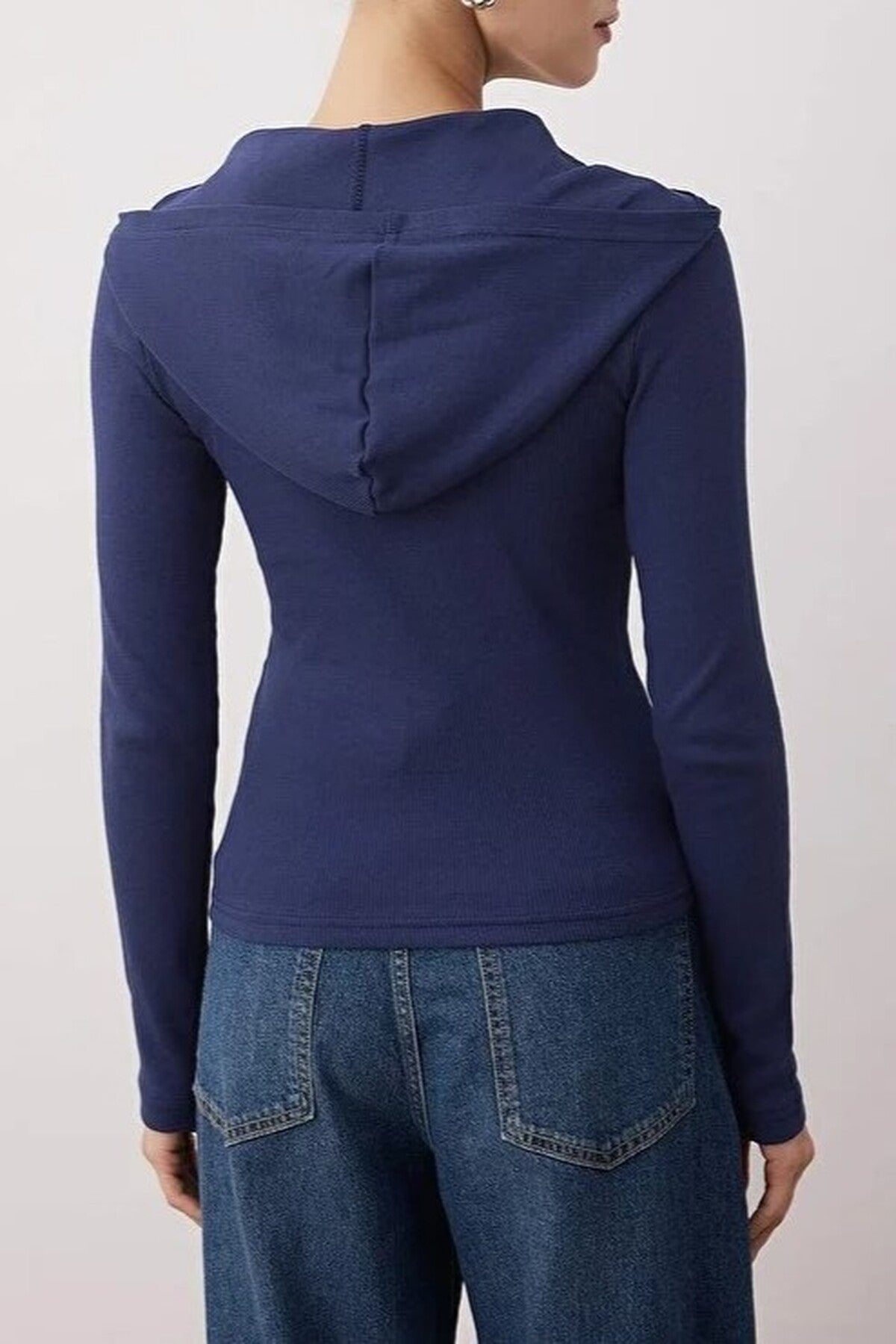 Ribbed Buttoned Knit Blouse with Hood