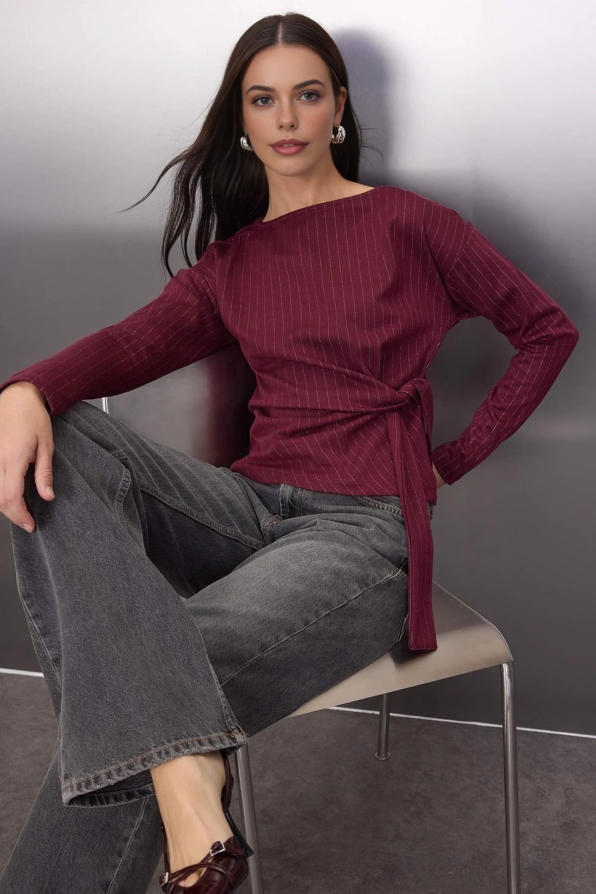 Striped Long Sleeve Boat Neck Knit Blouse with Tie Detail