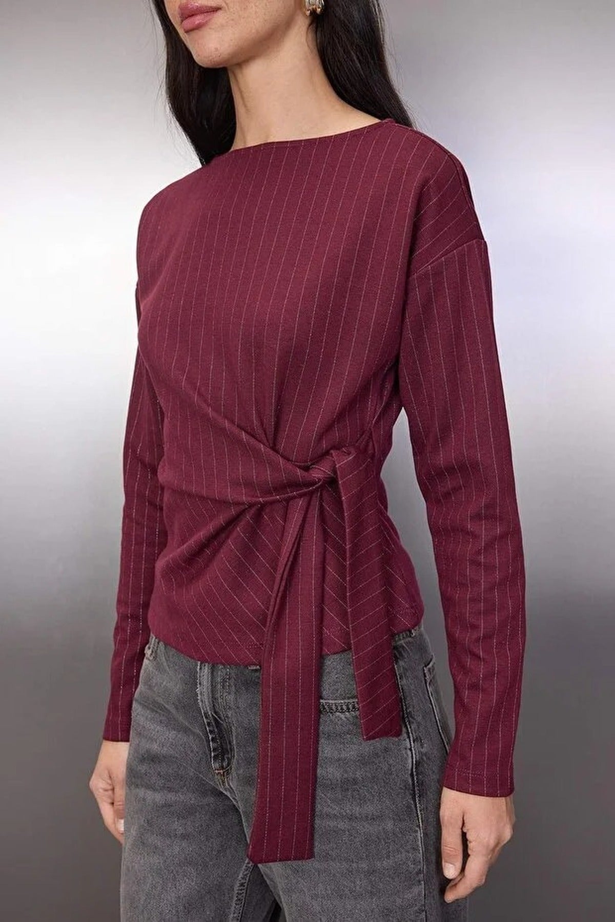 Striped Long Sleeve Boat Neck Knit Blouse with Tie Detail