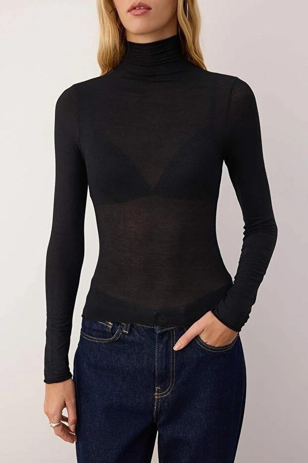 Transparent Stand Collar Flexible Regular Knit Blouse