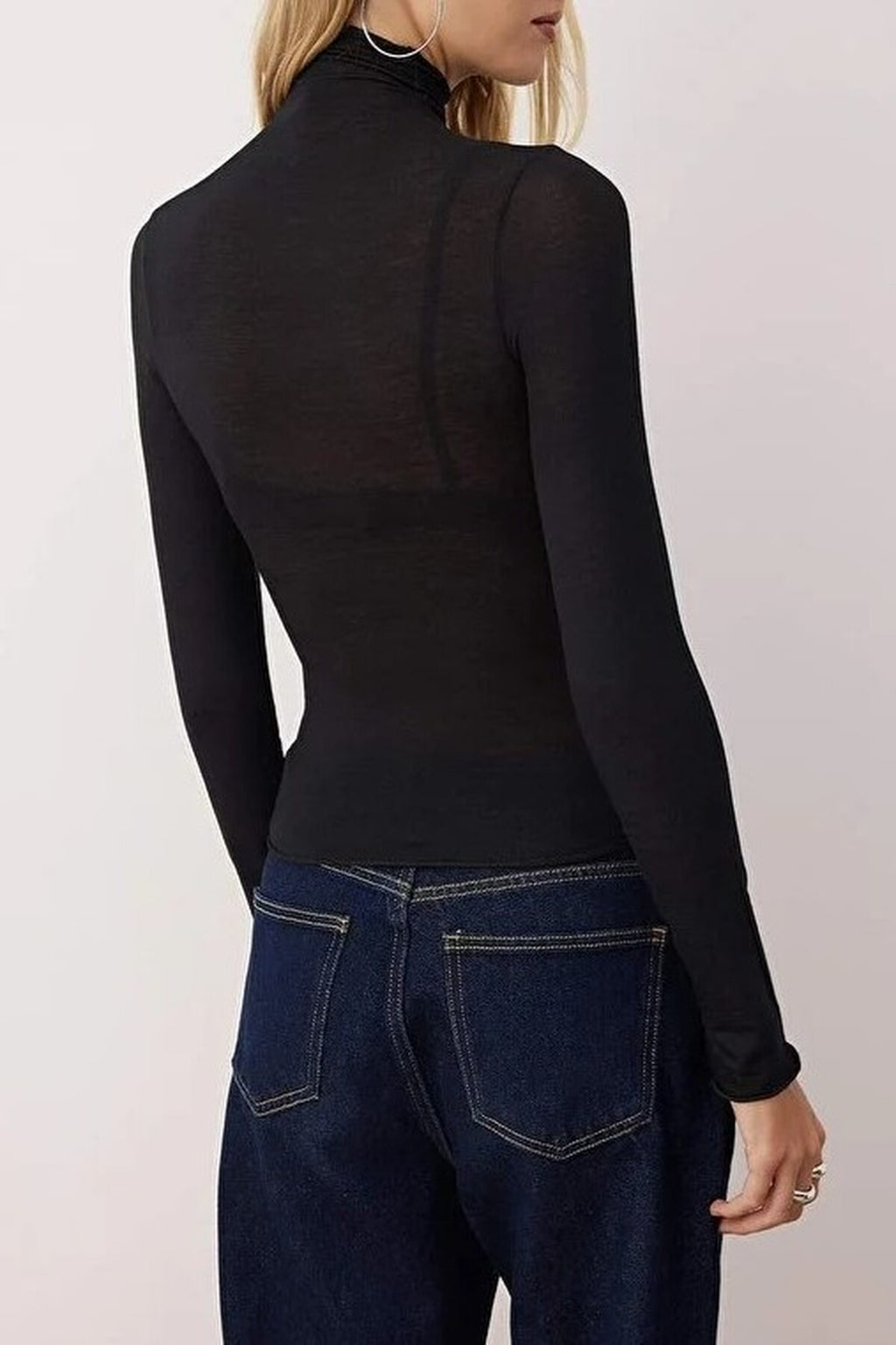 Transparent Stand Collar Flexible Regular Knit Blouse