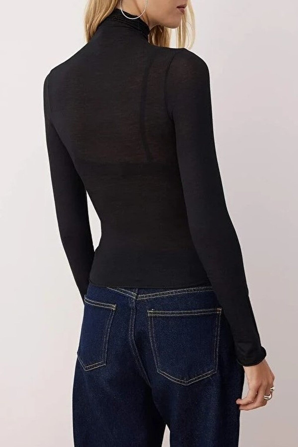 Transparent Stand Collar Flexible Regular Knit Blouse