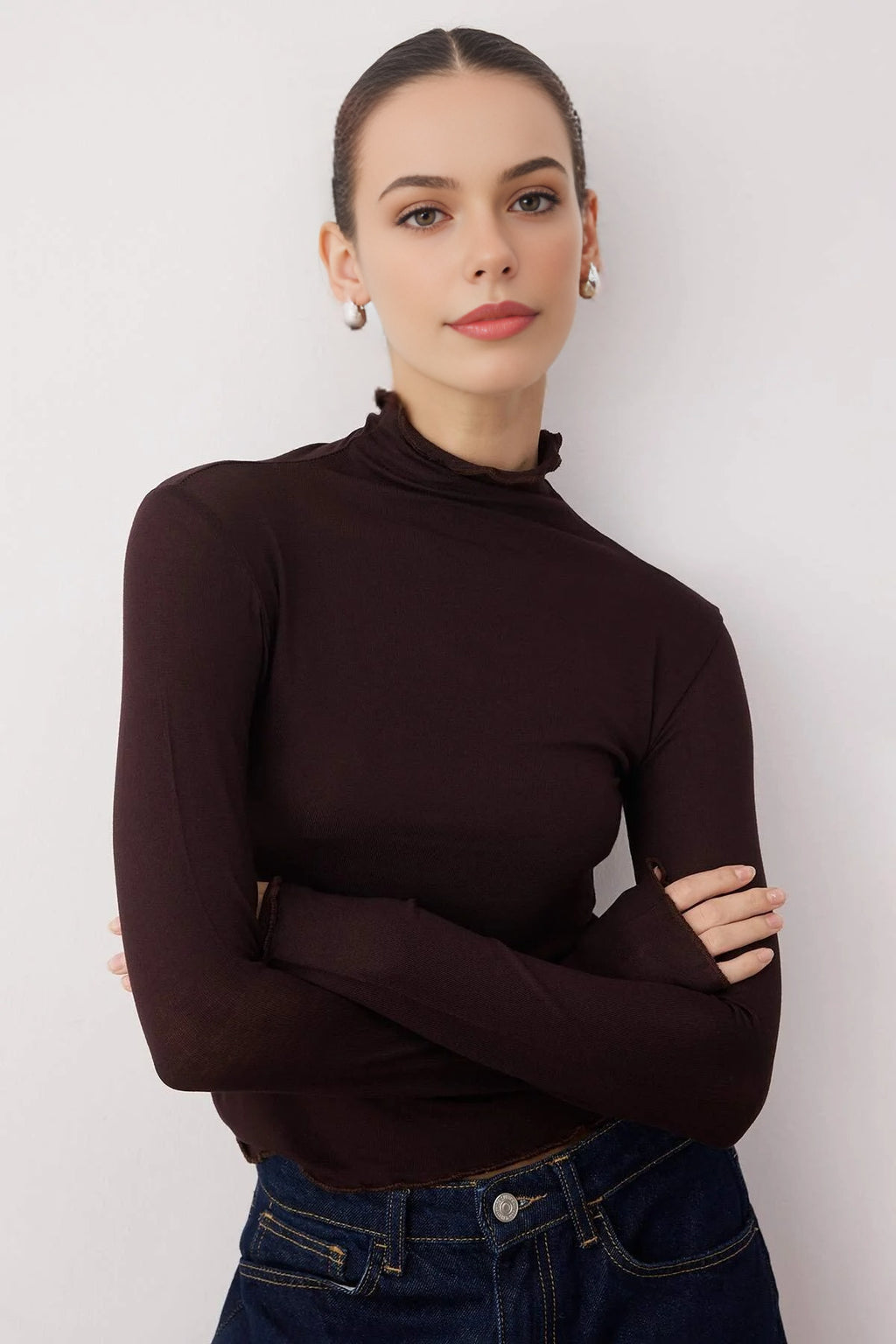 Transparent Stand Collar Flexible Regular Knit Blouse