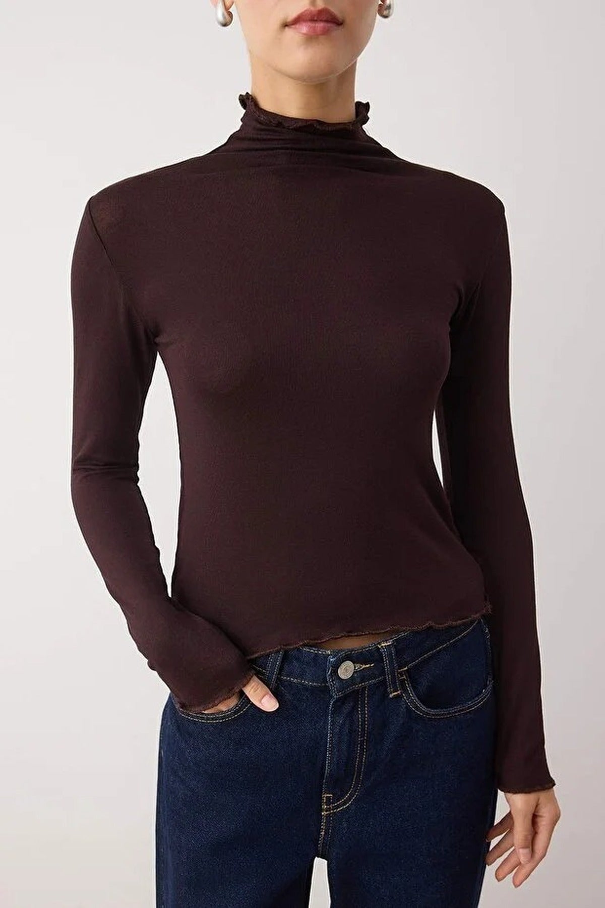 Transparent Stand Collar Flexible Regular Knit Blouse