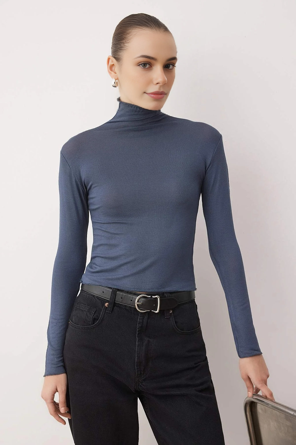 Transparent Stand Collar Flexible Regular Knit Blouse