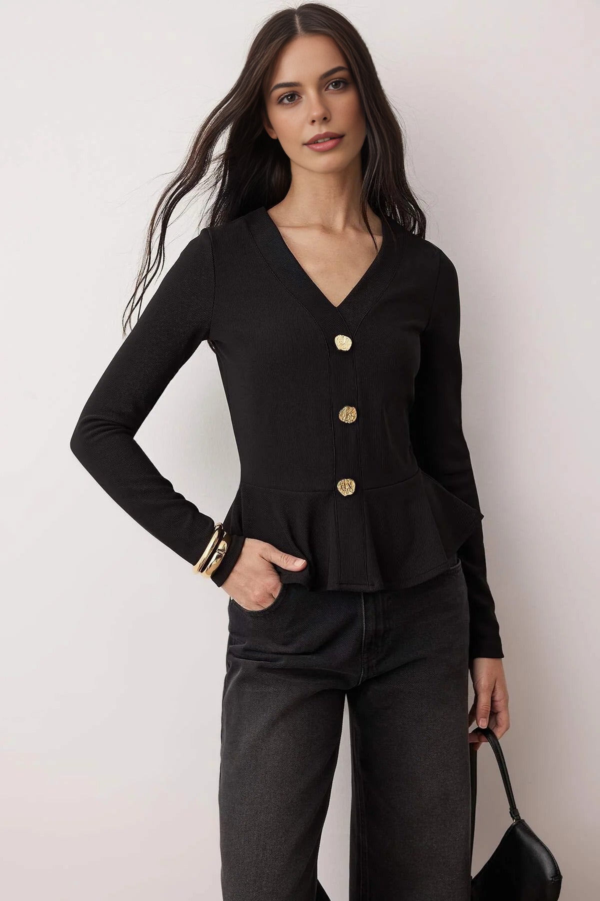 V-Neck Buttoned Peplum Flexible Knit Blouse