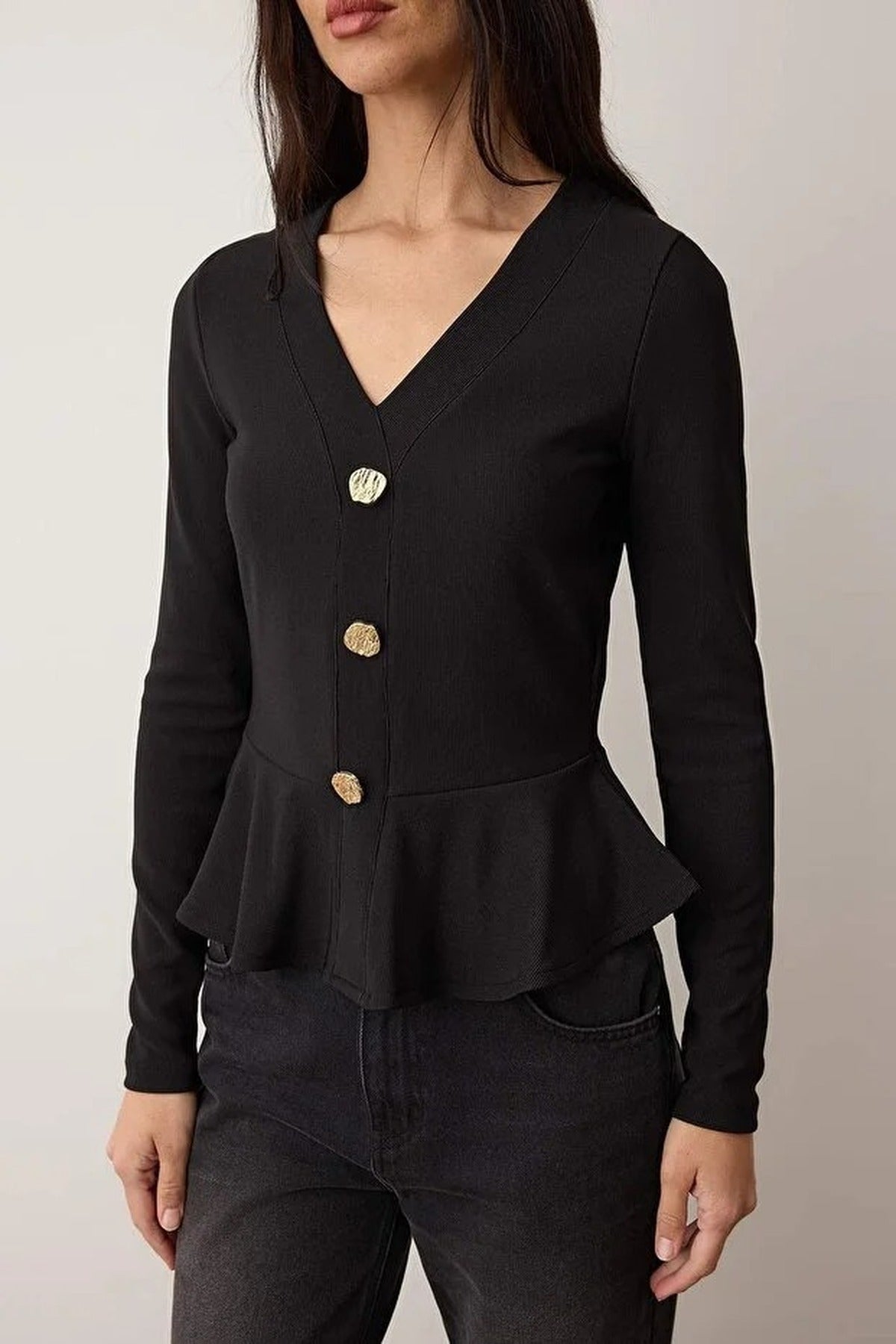V-Neck Buttoned Peplum Flexible Knit Blouse