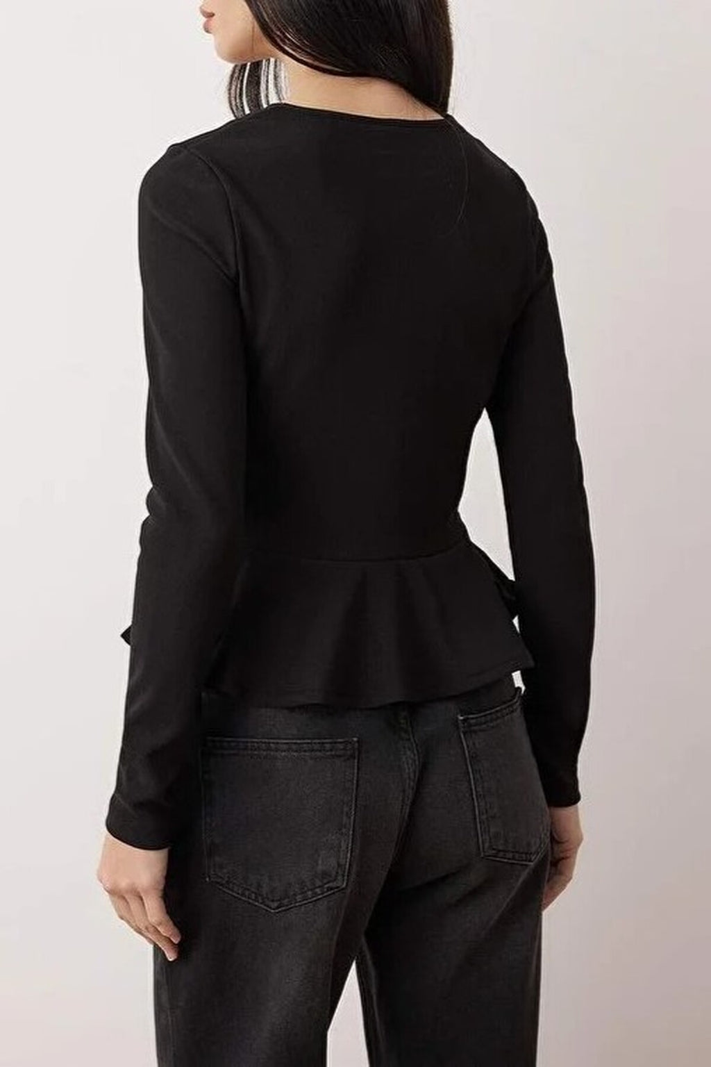 V-Neck Buttoned Peplum Flexible Knit Blouse