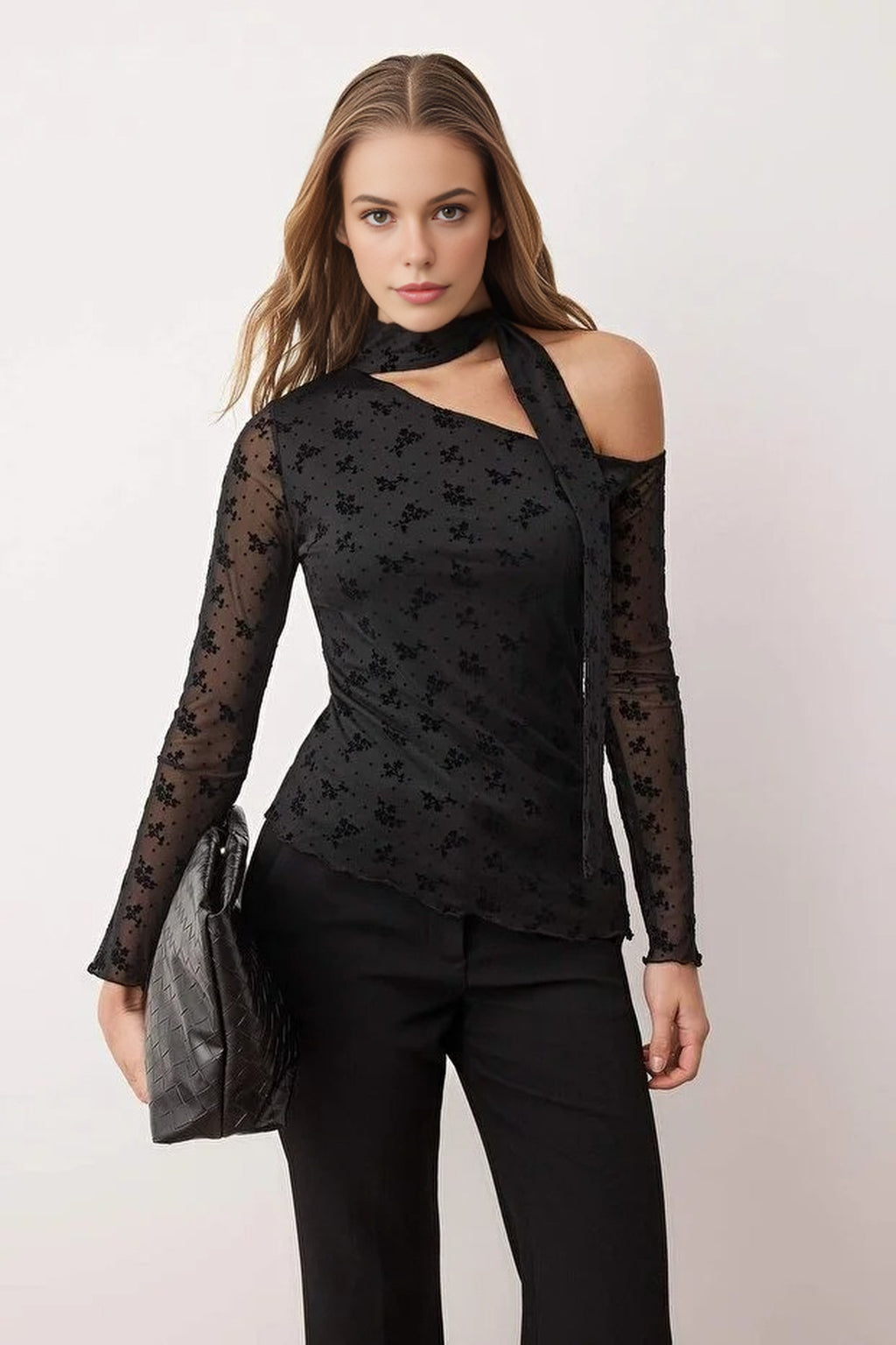 Floral Fitted Asymmetrical Neckline Belted Tulle Knit Blouse